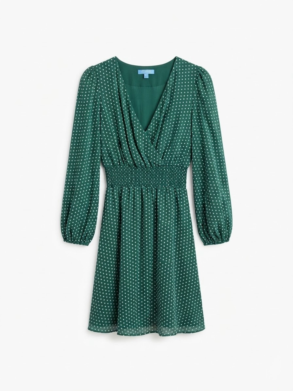 Draper James Green Polka Dot V-Neck Smocked Waist Long-Sleeve Dress